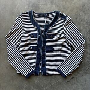 FRENCH DRESSING JEANS Cardigan Sweater Women's M Navy White Striped Long Sleeve